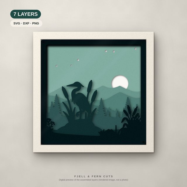 Heron Reeds layered papercut shadow box